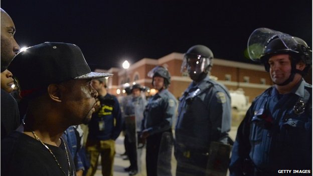 Protesters outside the Ferguson police department, 12 March 2012